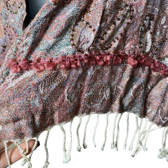 Cynthia rowley bohemian knit fringed beaded sequined textured scarf - Picture 3 of 7